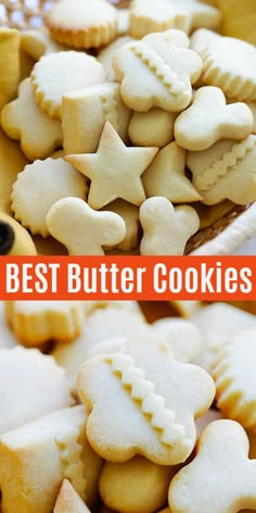 the best butter cookies for christmas are on display in this collage with text overlay