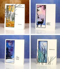 four different cards with trees and animals on them