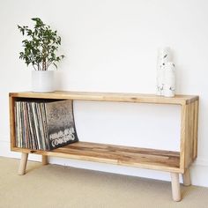 a wooden shelf with records and a potted plant on it next to a white wall