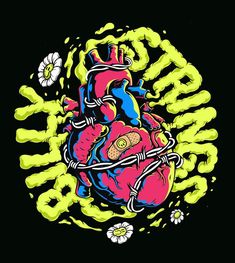 a drawing of a human heart surrounded by flowers and spray paint on a black background