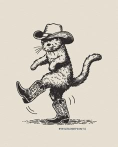 a black and white drawing of a cat wearing a cowboy hat while riding a boot