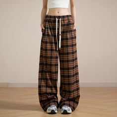 Fall/Winter Retro Hip-Hop Plaid Dance Pants  Material: 100%Cotton  Size: M, L, XL Color: Brown, Gray Waist Type: Mid-High Waist  Season: Spring, Fall, Winter   Occasion: Leisure, Outdoor, Daily, Vacation, Fall Outfits Purple And Black Plaid Pants, Plaid Baggy Pants, Brown Baggy Pants For Winter, Baggy Brown Pants For Winter, Casual Plaid Cotton Pants, Casual Plaid Bottoms With Elastic Waistband, Brown Relaxed Fit Pants For Winter, Casual Cotton Plaid Pants, Casual Plaid Bottoms With Relaxed Fit