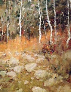 an oil painting of trees and rocks in the woods