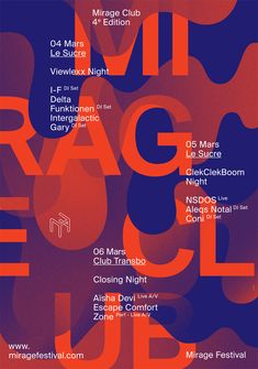 a poster with the names of various events in red, blue and orange colors on it