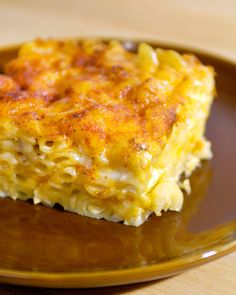 a piece of casserole on a brown plate