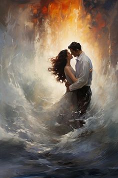 a painting of a man and woman kissing in the middle of a large body of water