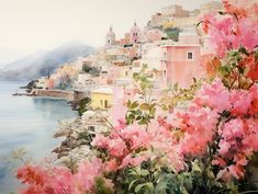 watercolor painting of pink flowers in front of a city by the sea with mountains