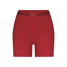 Like his boxers, only cooler. This long-enough pair covers with cool and breathable stretch-cotton and exudes a sporty look with boyfriend-inspired topstitching. Looking for a warmer option? Try the Cotton Rib Leggings. | SKIMS Boxer | Red | Cotton Rib Boxers Women, Dr Wardrobe, Closet Wishlist, Thick Thighs Save Lives, Music Playlists, Shapewear Bodysuit, Ribbed Leggings, Triangle Bralette