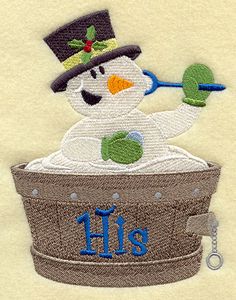 a snowman in a bathtub with the word his on it's side