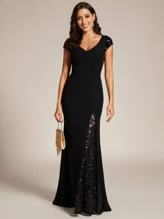 Custom Size Sequin Deep V Trail Sequin Fashion Evening Dress Black Sequin Evening Dress, Young Mother Of The Bride Dresses Winter, Beaded Evening Gowns Formal, Black Sparkly Mother Of The Bride Dress, Formal Dress For Large Stomach, Mid Size Evening Dress, Jewelry For Black Sequin Dress, Black Mother Of The Bride Dress Long, Black Mother Of The Bride Dresses