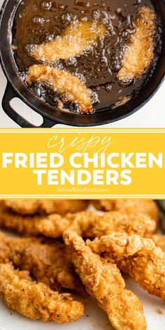 fried chicken tenders in a skillet on a white plate with text overlay