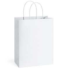 a white shopping bag with two handles on the front and one handle on the back