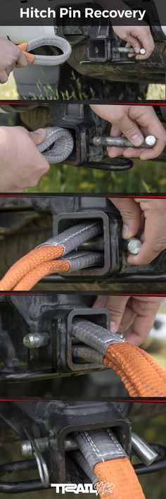 the instructions for how to tie an orange rope around a vehicle's front bumper