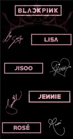 several different types of writing on a black background with pink and white ink in the center