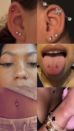 multiple images of different types of piercings on women's ears, nose and neck