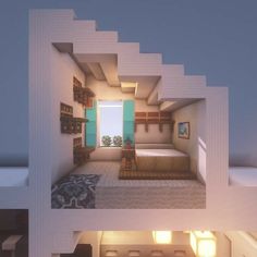 an image of a room in minecraft with stairs going up to the second floor