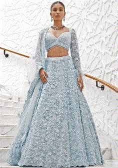 Powder Blue Bridal Lehenga Set Nitika Gujral - Fabilicious Fashion Dusty Blue Lehenga, Light Weight Lehenga Designs, Cinderella Lehenga, Long Sleeves Blouses For Lehenga, Traditional Lehenga Designs For Wedding, Sky Blue Lengha, Birthday Lehenga, Lehenga Long Sleeve, Light Blue Lengha