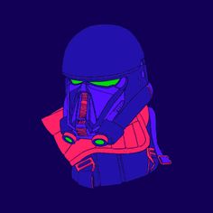 a drawing of a person wearing a helmet and holding something in their hands with neon green eyes