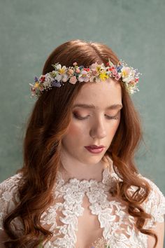 Wild flowers hair crown in meadow style. Perfect for weddings or proms and other special events. The flower crown is made of artificial and preserved flowers and other trinkets used for arranging.  When stored in dry and dark place, our products last 10-15 years. We can also make you other matching accessories. Please message me for more information. :) Model: Tamara L.  Photo: Michaela durisova photography  ---------------------------------------------------------------- SHIPPING INFO FOR EU OR Flowers Headpiece, Handmade Flower Crown, Flower Wreath Hair, Wedding Hair Wreath, Flower Wreaths, Hair Crown, Hair Wreaths, Hair Wreath, Bridal Flower