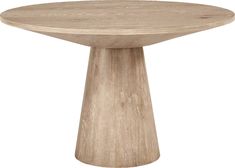 a round wooden table sitting on top of a white floor