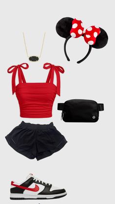 minnie mouse ears, red crop top and black shorts