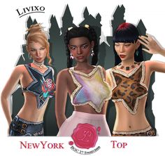 three beautiful women standing next to each other in front of a cityscape with the words livxo on it