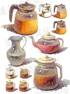 a painting of teapots and cups on a white background