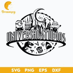 the universal studios logo is shown in black and white with an image of hogwarts castle