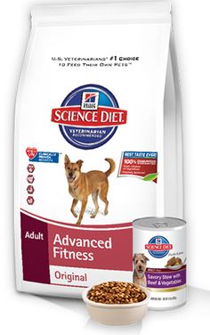 an adult dog is standing next to a can of advanced fitness dry food and a bowl of grain