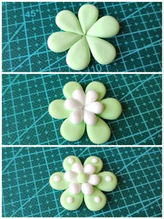 three pictures of green and white flowers on a cutting board with one being cut in half