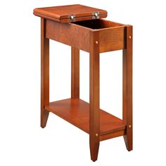 a wooden table with an open drawer on the top and bottom shelf, in front of a white background