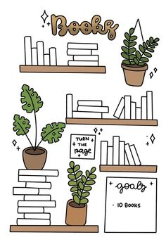 some books and plants on shelves with the word boo's written above them in cursive writing