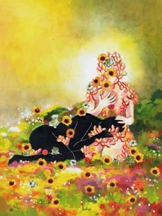 a painting of a woman sitting on the ground surrounded by sunflowers