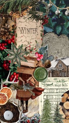 a collage of christmas items including oranges, pine cones and other things