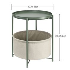 a round table with a storage basket on top and measurements for the bottom half of it