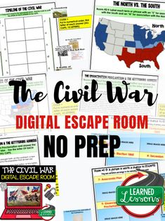 The Civil War Activity, The Civil War Digital Escape Room, American History Digital Escape Room, American History Test Prep This is an excellent activity to have students BREAKOUT of their comfort zone and work together or individually, while concentrating on solving puzzles and drop-ins to review THE CIVIL WAR. This activity is used through Google Classroom. Timeline of the Civil War The North vs. South Battles of the Civil War Emancipation Proclamation & Gettysburg Address Civil War Vocabulary Classroom Timeline, Breakout Room, North Vs South, Social Studies Games, Science Word Wall, Digital Escape Room, Gettysburg Address, Emancipation Proclamation