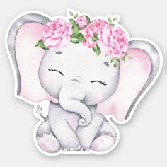 an elephant with pink flowers on its head sitting in front of a white background and text that reads, i love you