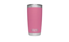 the yeti tumbler is pink and has a stainless steel lid with a silver trim