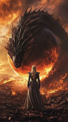 the poster for game of thrones shows a woman standing in front of a dragon