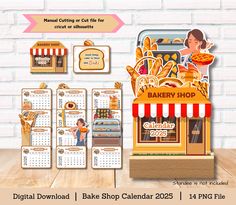 the digital bakery shop calendar is displayed on a wooden table next to it's display stand