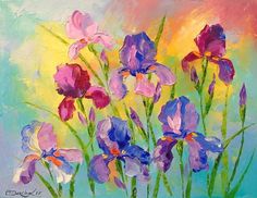 an oil painting of purple and pink flowers