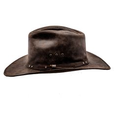 Brand new leather cowboy hat with wide ca.8 cm/3.15 inch brim. Made of genuine cattle leather (stiffened). There is a bendable metal wire in the external part of the brim. Hat with a leather sweatband inside and decorative leather belt as a band sewn down to the outside of the crown. On 1 side of the crown there are 3 ventilation eyelets. Crown height in the highest point is ca.13 cm/5.1 inch. Available in big xl and xxl sizes. Precise handmade craftsmanship from Sterkowski's family-run workshop Creature Ideas, Cowboy Hut, Leather Cowboy Hats, High Plains Drifter, Outback Hat, Western Cowboy Hats, Men's Hats, Brown Leather Belt, Cowboy And Cowgirl