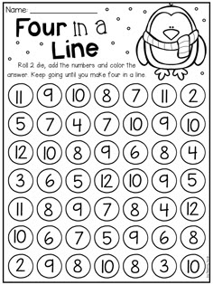 a four in a line worksheet with numbers and an image of a penguin