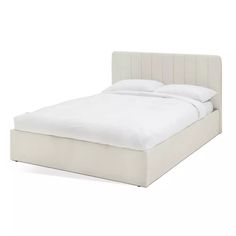 a bed with white sheets and pillows on top of it's headboard, in front of a white background