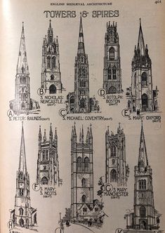 an old book with drawings of towers and spires