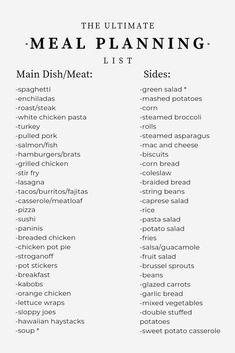 the ultimate meal planning list is shown in this printable version, which includes several different meals