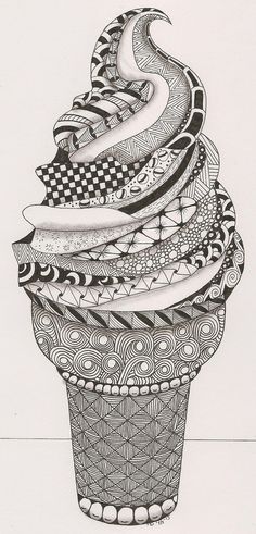 a drawing of an ice cream cone with lots of swirls on it's top