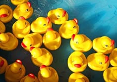 many yellow rubber ducks are lined up together