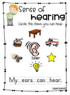 a poster with the words sense of hear and an image of a child's head