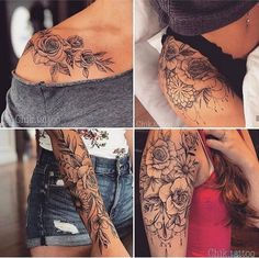 four pictures of different types of tattoos on women's arms and stomachs, with flowers